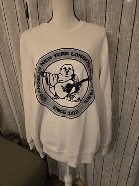 True Religion Cream Crewneck with Black Graphic Buddha Logo